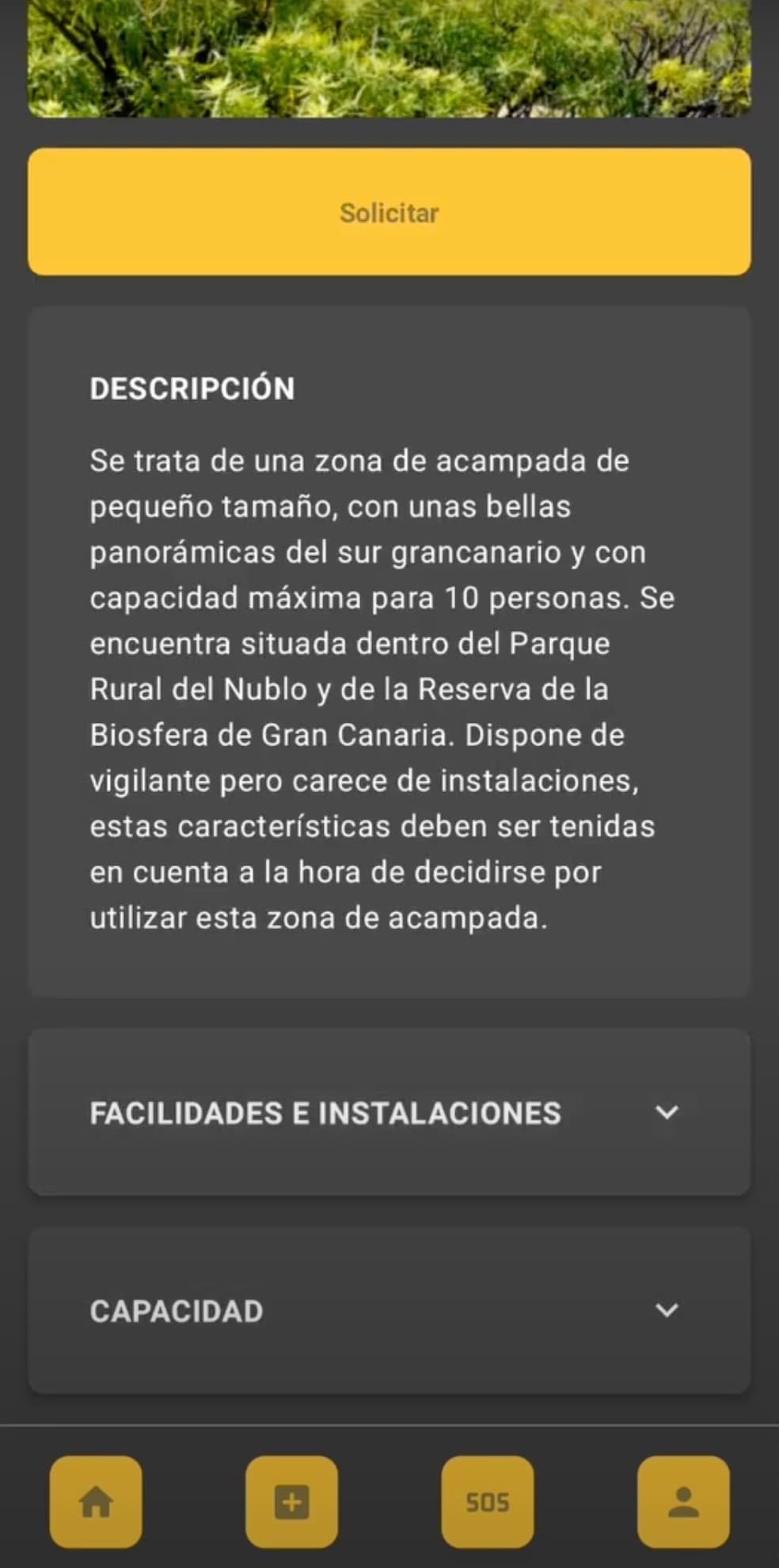 Scrolled zone info screen in CampingApp.