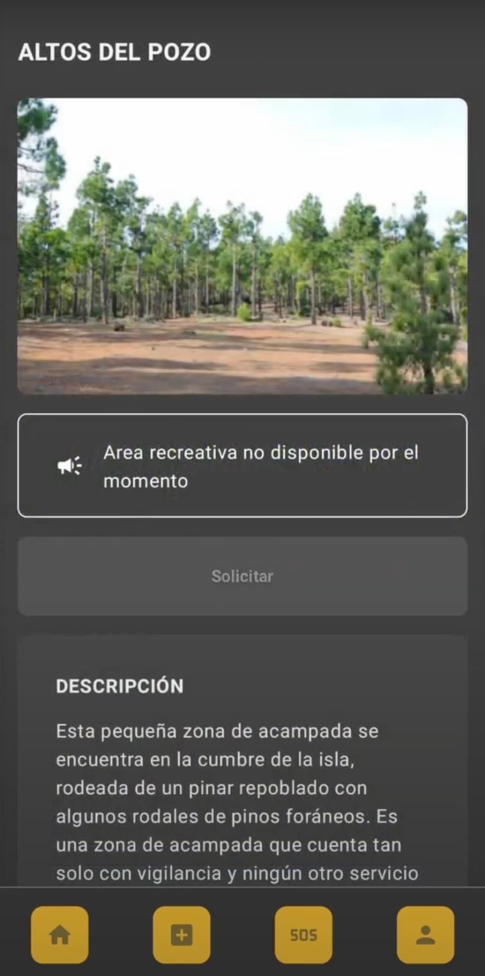Unavailable zone info screen in CampingApp.