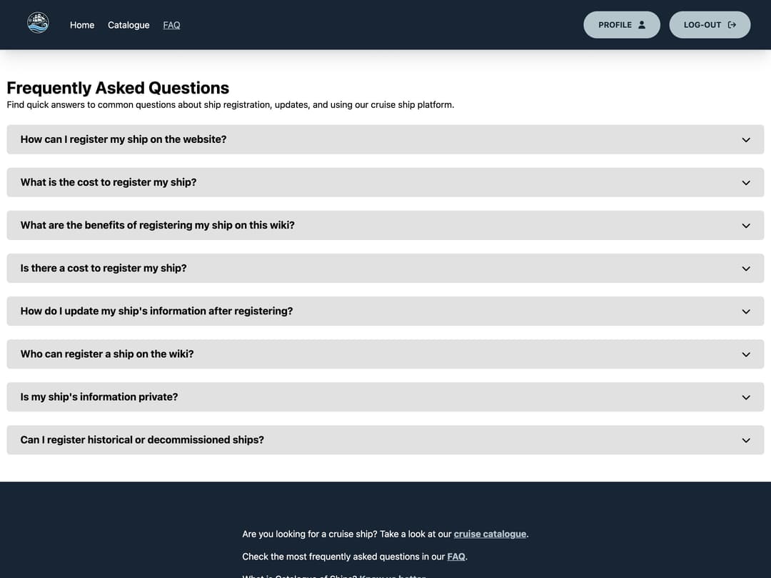 Desktop view of the FAQ section in CruiseCatalog.