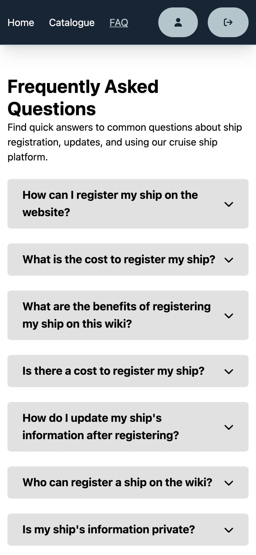 Mobile view of the FAQ section in CruiseCatalog.