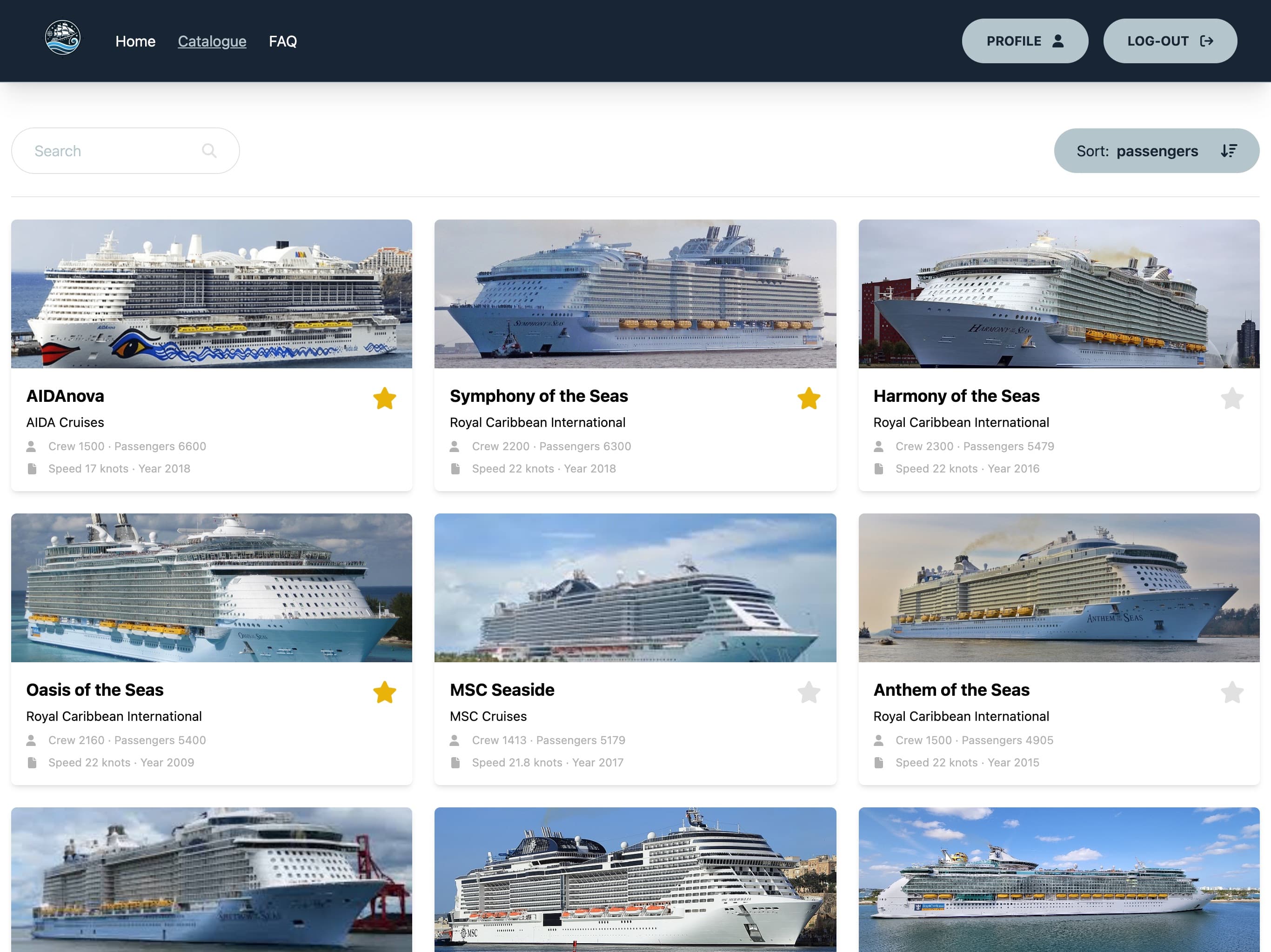 Desktop view of cruise list in CruiseCatalog.