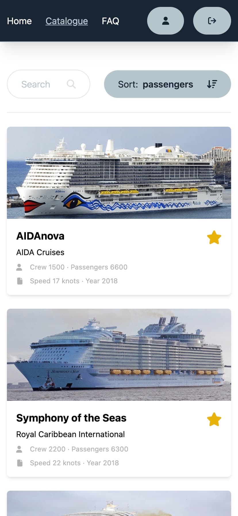 Mobile view of cruise list in CruiseCatalog.
