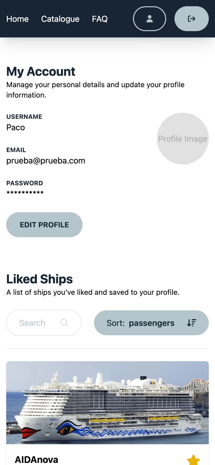 Mobile view of profile in CruiseCatalog.
